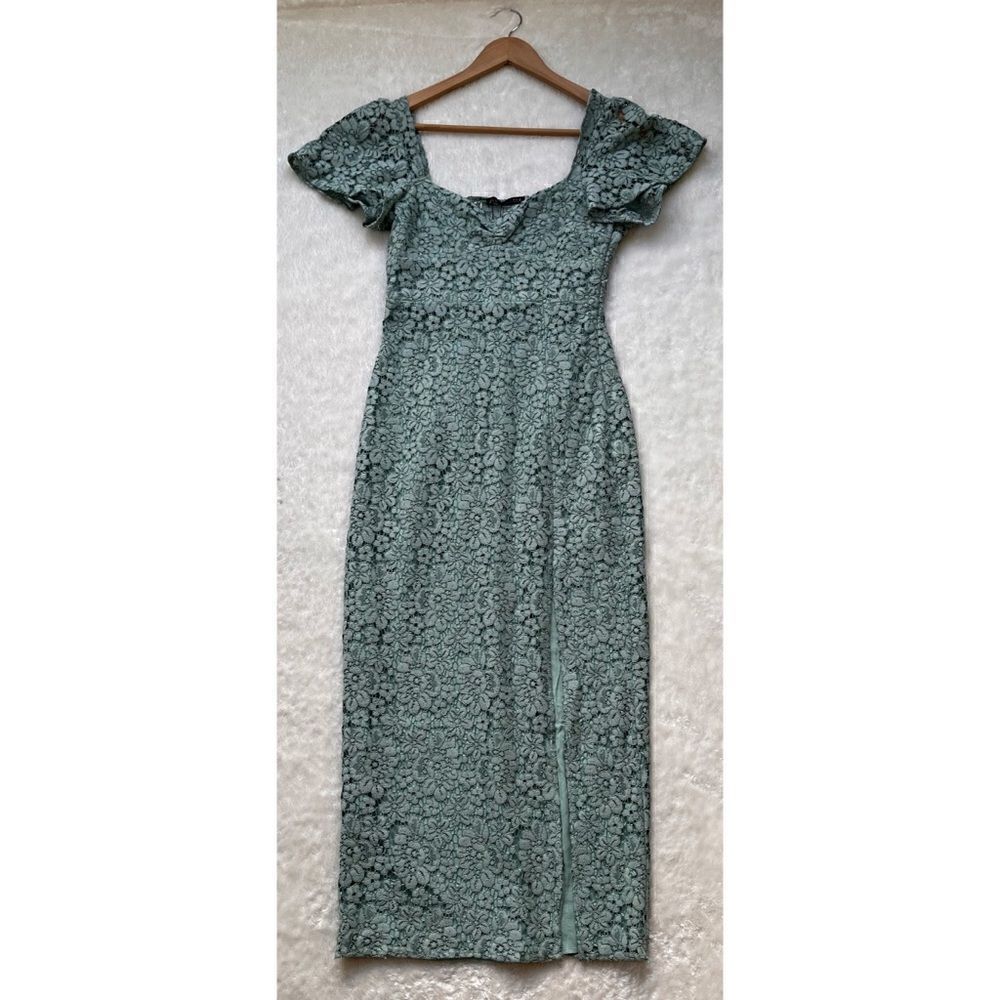 NWT Zara Green Lace V-Neck Short Sleeve Front Slit Hem Midi Dress, Size Small - Picture 12 of 16